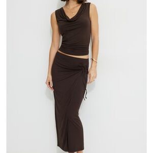 Dynamite Brown Cowl Neck Tank & Skirt Set